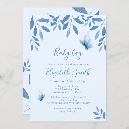 Watercolor blue butterfly floral babyshower invitation