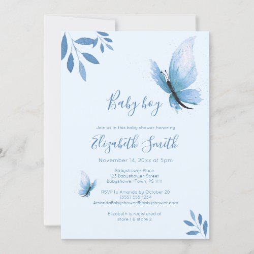 Watercolor blue butterfly floral babyshower invitation