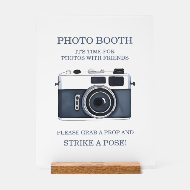 Watercolor Blue Camera Wedding Photo Booth  Acrylic Sign (Front)