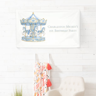 Watercolor Blue Carousel Boy 1st. Birthday Party Banner