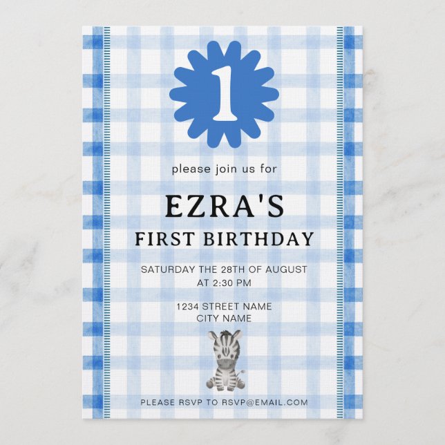 Watercolor Blue Check Koala Birthday Invitation (Front)