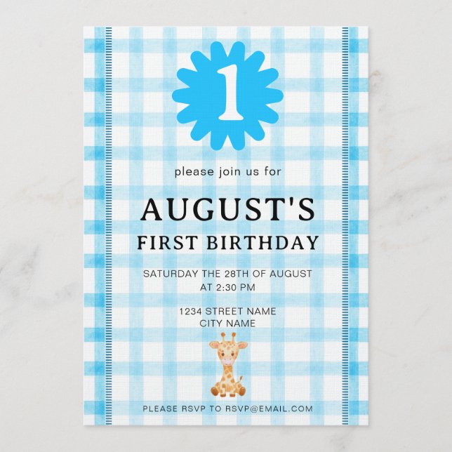 Watercolor Blue Check Koala Birthday Invitation (Front)