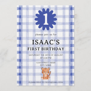 Watercolor Blue Check Tiger Birthday Invitation