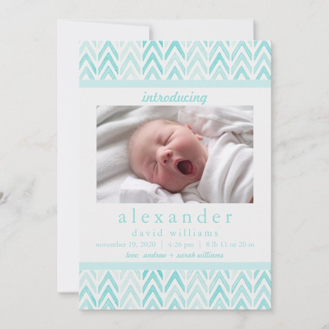 Watercolor Blue Chevron Baby Birth Announcement (Front)