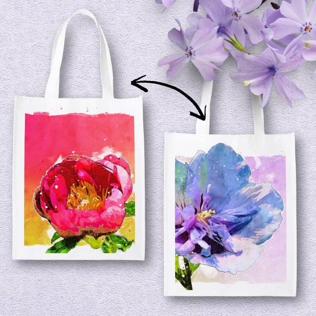 Watercolor Blue Chiffon Rose and Pink Peony  Grocery Bag (Pink peony and blue chiffon rose create a beautiful reusable grocery tote.)