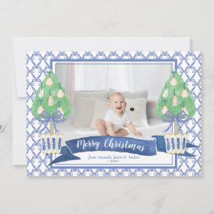 Watercolor Blue Chinoiserie Christmas Tree Photo Holiday Card