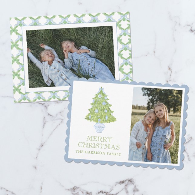 Watercolor Blue Chinoiserie Christmas Tree Photo Holiday Card (Creator Uploaded)