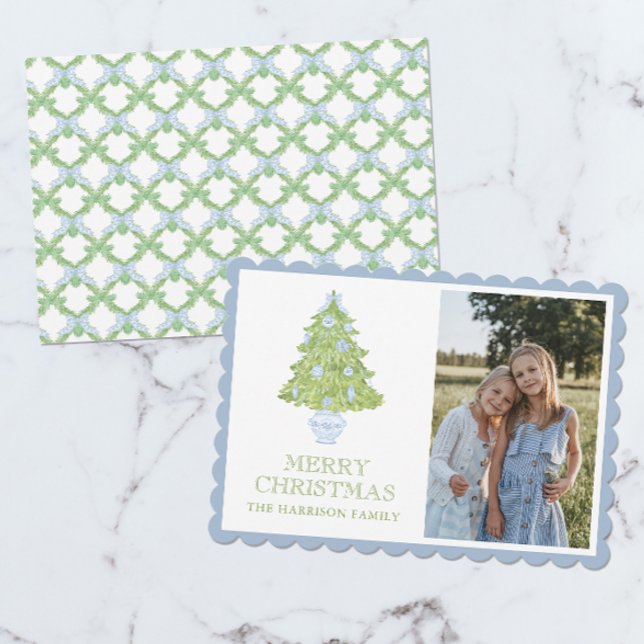 Watercolor Blue Chinoiserie Christmas Tree Photo Holiday Card (Creator Uploaded)