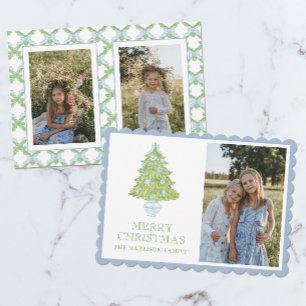 Watercolor Blue Chinoiserie Christmas Tree Photo Holiday Card