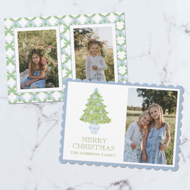 Watercolor Blue Chinoiserie Christmas Tree Photo Holiday Card (Creator Uploaded)