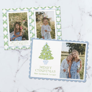 Watercolor Blue Chinoiserie Christmas Tree Photo Holiday Card