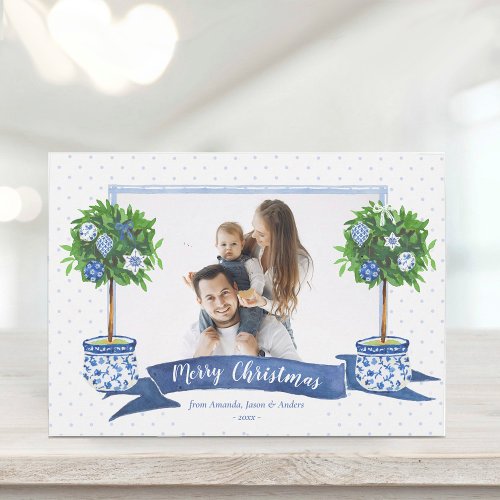 Watercolor Blue Chinoiserie Christmas Tree Photo  Holiday Card