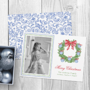 Watercolor Blue Chinoiserie Ornament Wreath Photo Holiday Card