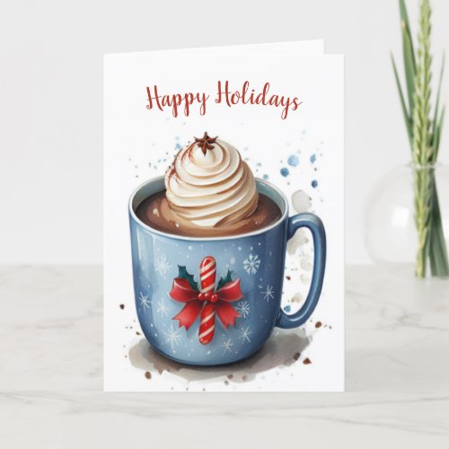Watercolor Blue Christmas Hot Cocoa Holiday Card