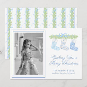 Watercolor Blue Christmas Monogram Stockings Photo Holiday Card
