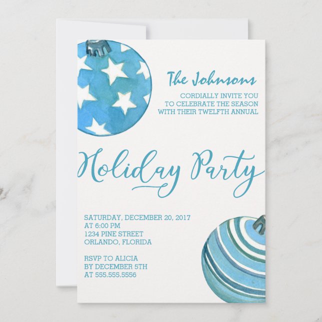 Watercolor Blue Christmas Ornaments Invitation (Front)