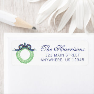 Watercolor Blue Christmas Plaid Bow Wreath Label