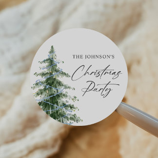 Watercolor Blue Christmas Tree Party Classic Round Sticker