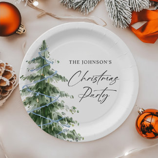 Watercolor Blue Christmas Tree Party Paper Plates