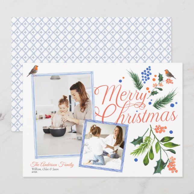 Watercolor Blue Citrus Merry Christmas Two Photos Holiday Card (Front/Back)