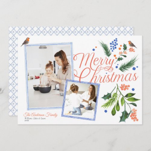 Watercolor Blue Citrus Merry Christmas Two Photos Holiday Card