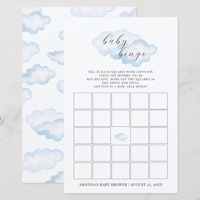 Watercolor Blue Cloud Baby Shower Baby Bingo (Front/Back)