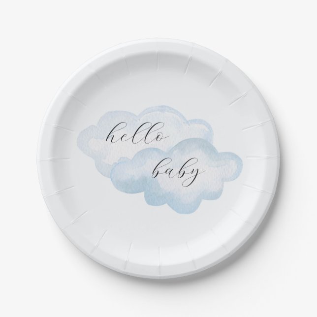 Watercolor Blue Cloud Baby Shower Paper Plates (Front)