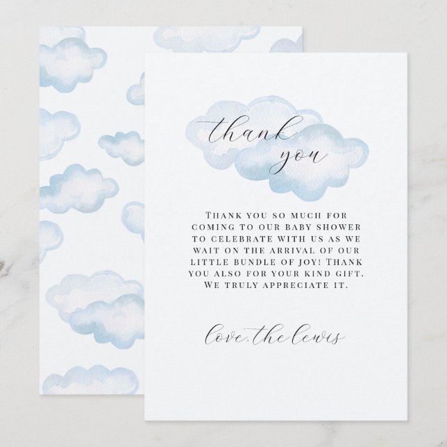Watercolor Blue Cloud Baby Shower thank you cards (Front/Back)
