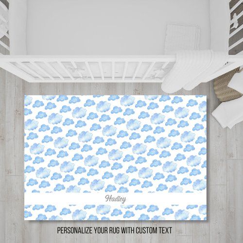 Watercolor Blue Clouds Personalized Name Text Rug