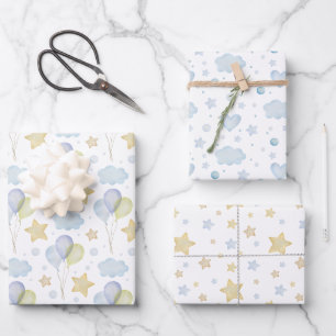 Watercolor Blue Clouds Stars and Balloons Wrapping Paper Sheets