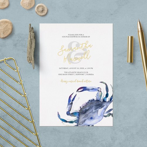 Watercolor Blue Coastal Crab Couples Shower Foil Invitation