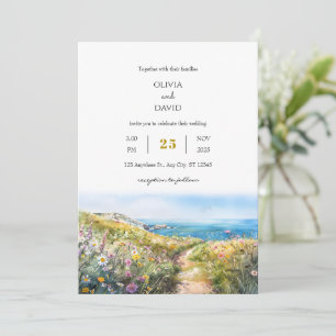 Watercolor Blue Coastal Meadow Art Beach Wedding Invitation