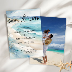 Watercolor Blue Coastal Seascape Wedding Photo Save The Date