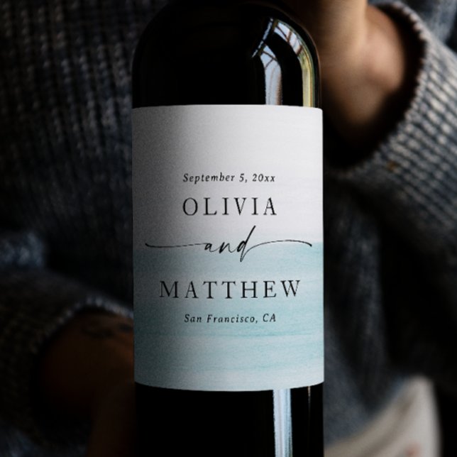 Watercolor Blue & Coastal Wedding | Elegant Beach Wine Label (Creator Uploaded)