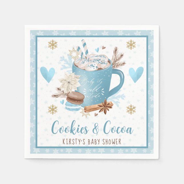 Watercolor Blue Cookies and Cocoa Baby Shower Napkins (Front)