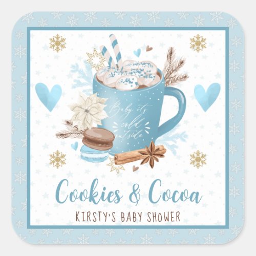 Watercolor Blue Cookies and Cocoa Baby Shower Square Sticker