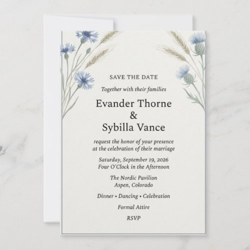 Watercolor Blue Cornflower & Wheat Wedding Invitation