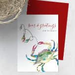 Watercolor Blue Crab Beach Christmas Card<br><div class="desc">This simple holiday card features a replica of my original hand painted watercolor blue crab on a crisp white background. The words Seas and Greetings are set in a modern brush script typography. Personalize however you like. The coastal style Christmas card reverses to a solid berry red color. A cute...</div>