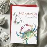 Watercolor Blue Crab Beach Christmas Card<br><div class="desc">Take advantage of our Christmas in July sale and spread holiday cheer with this simple coastal Christmas card, featuring a replica of my original hand-painted watercolor blue crab on a crisp white background. The words "Seas and Greetings" are beautifully set in modern brush script typography, and you can personalize the...</div>