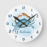 Watercolor Blue Crab Beach Coastal Personalized Round Clock