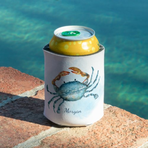 Watercolor Blue Crab Beach Personalized Can Cooler