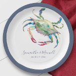 Watercolor Blue Crab Beach Wedding  Paper Plates<br><div class="desc">Designed to coordinate with Do Tell A Belle's Coastal Crab Wedding Suite this paper plate features a replica of my watercolor blue crab. Personalize with your names and wedding date. For any further customization or any other matching items, please feel free to message me. I am always happy to help....</div>