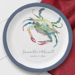 Watercolor Blue Crab Beach Wedding  Paper Plates<br><div class="desc">These nautical paper plates feature a stunning sand crab sea life watercolor design, inspired by the beauty of the ocean. A blue crab illustration adds a romantic seafood beach touch, perfect for a seaside rustic beach wedding or a Charleston casual aquarium celebration. Personalize with your names and wedding date for...</div>