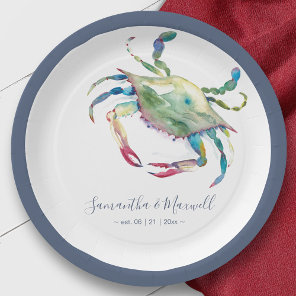 Watercolor Blue Crab Beach Wedding  Paper Plates