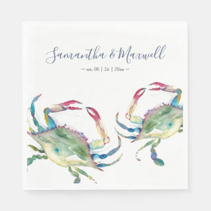 Watercolor Blue Crab Beach Wedding Personalized Na Napkins