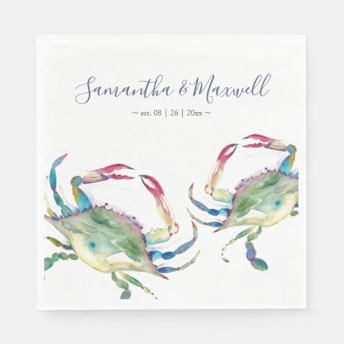 Watercolor Blue Crab Beach Wedding Personalized Na Napkins