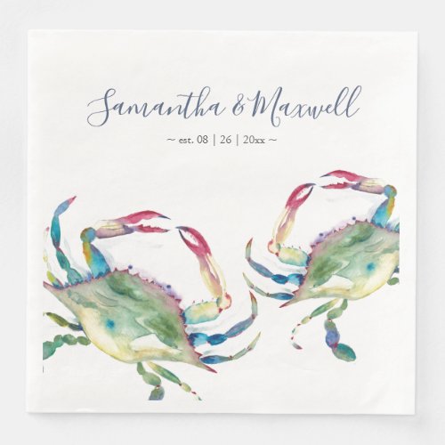 Watercolor Blue Crab Beach Wedding Personalized Na Paper Dinner Napkins