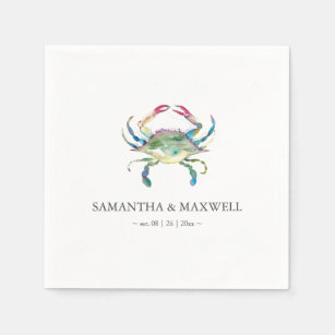 Watercolor Blue Crab Beach Wedding Personalized Napkins