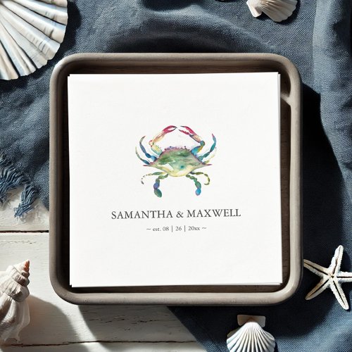 Watercolor Blue Crab Beach Wedding Personalized Napkins