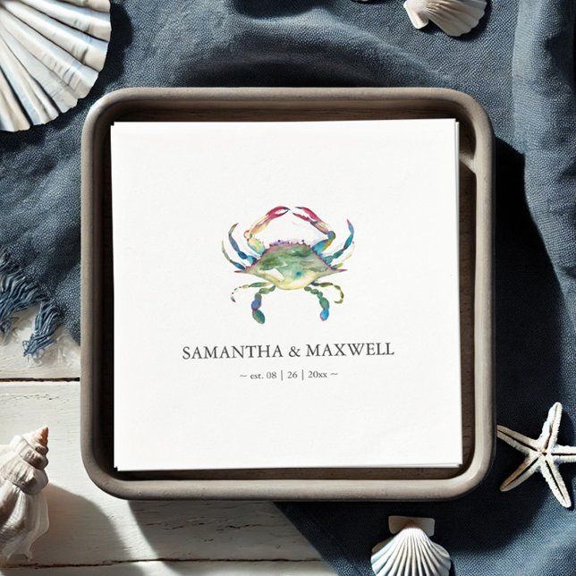 Watercolor Blue Crab Beach Wedding Personalized Napkins (beach wedding personalized napkins feature watercolor blue crab art by Victoria Grigaliunas)